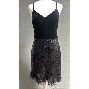 Guess Dress 4 Black Velvet Sequin Ostrich Feathers Cocktail Party Glam Evening